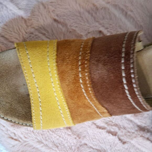 Clarks Brown and Yellow Wedge Sandals with Cork Platform Size 8.5M - Picture 7 of 9